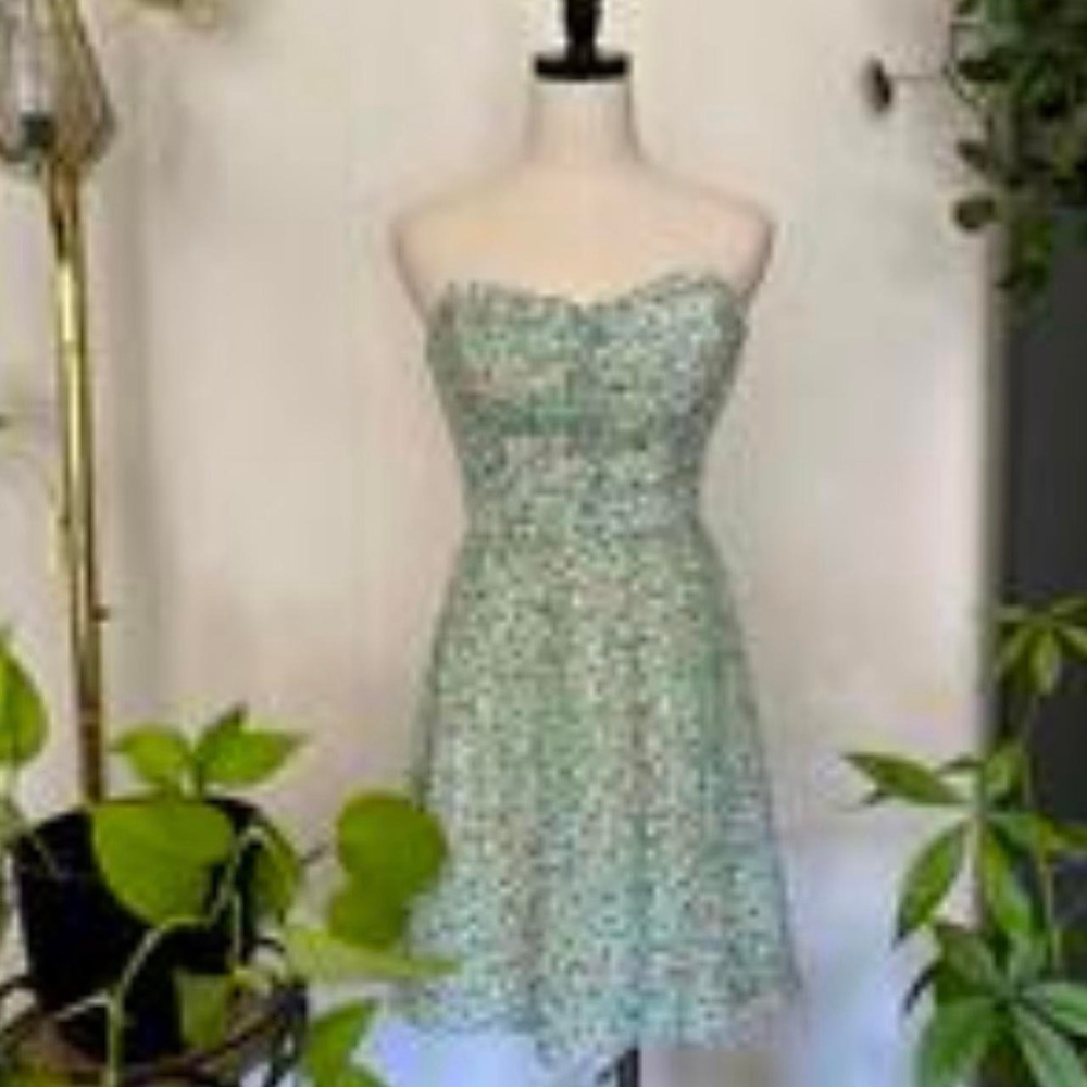 Guess Floral Strapless Mini Dress Green Corset Tie Back Babydoll Size Medium